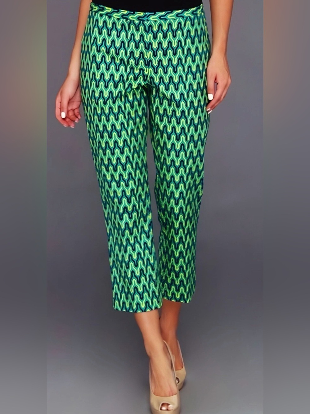 Elie Tahari Sydney Stretch Cropped Pants Geometric Abstract Print Size 12 Green